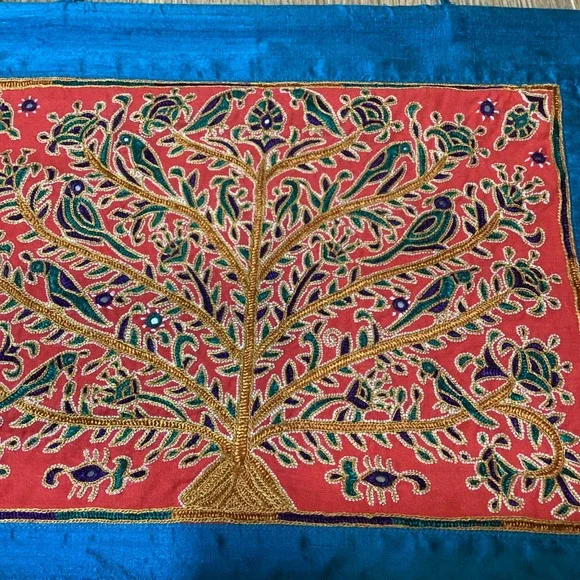 小物入れ SHRUJAN Raw Silk Wall Hanging Shrujan Handcrafted Wall Hanging Art Sea Green Raw Silk Tree of